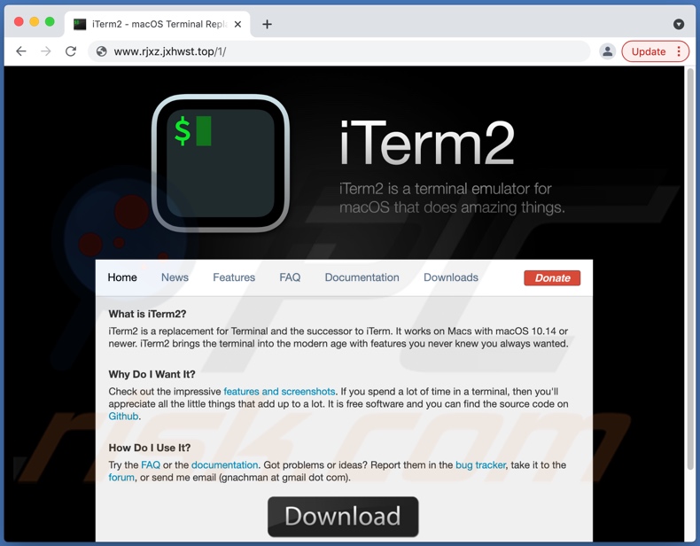 Betrügerische Webseite zur Förderung von iTerm2 Malware