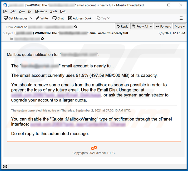 Spam-E-Mail mit dem Thema Postfachkapazität, die für eine Phishing-Website wirbt (2021-09-10)