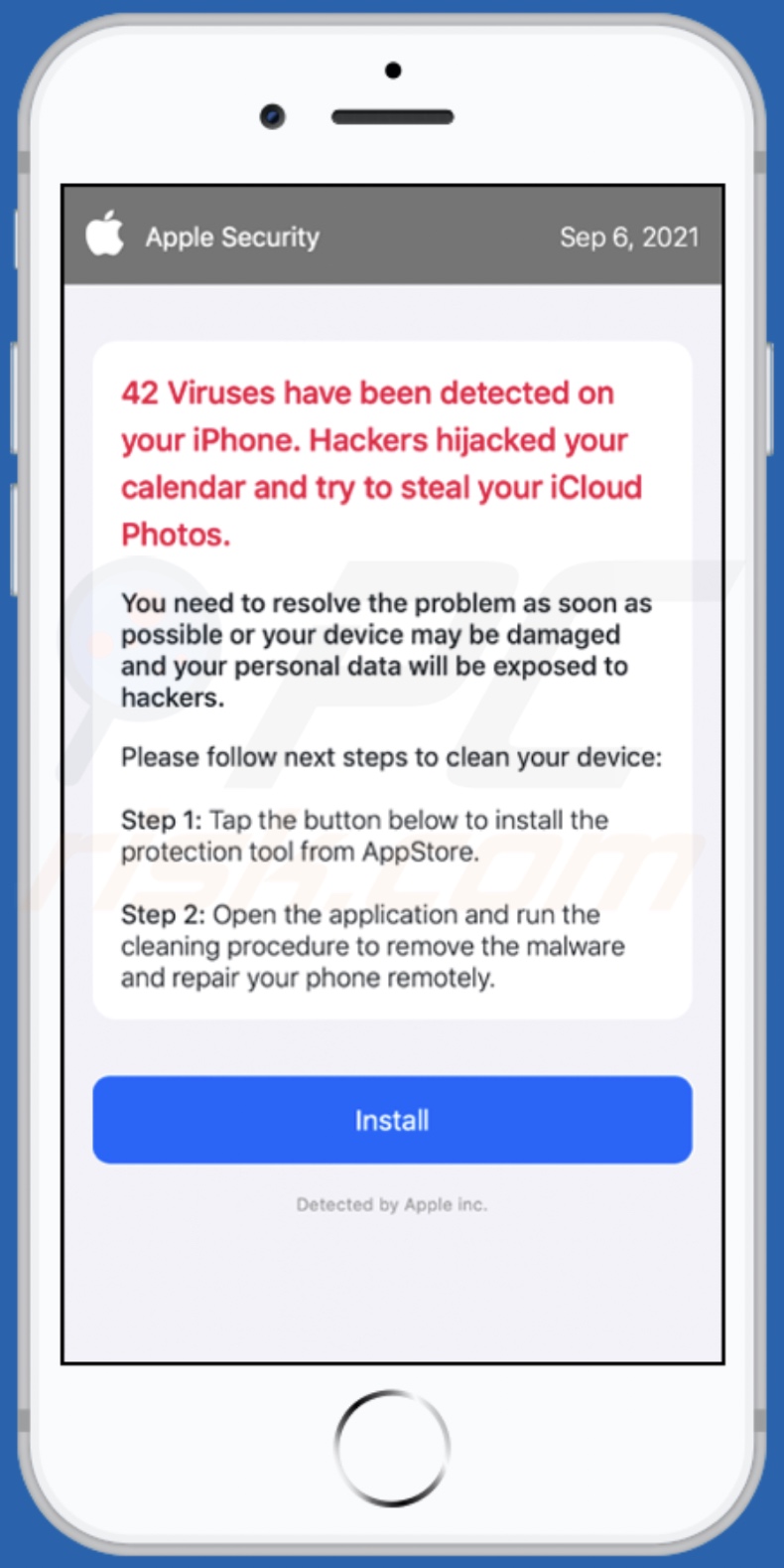 Malware detected! iPhone need to be repaired Betrug Hintergrundseite