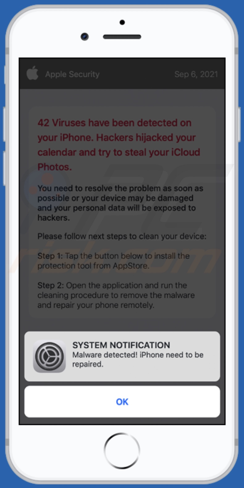 Malware detected! iPhone need to be repaired Betrug