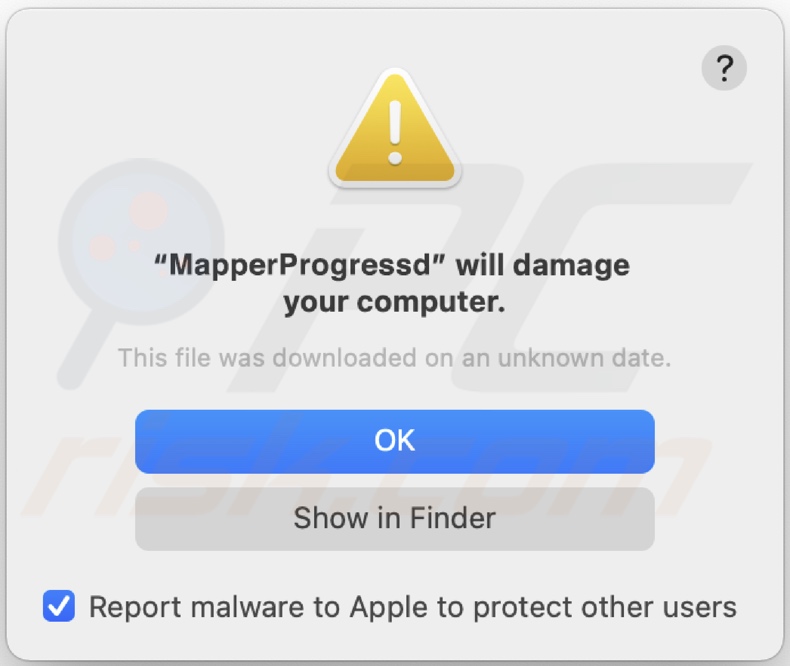 Angezeigtes Dialogfenster, wenn MapperProgress Adware im System erkannt wird