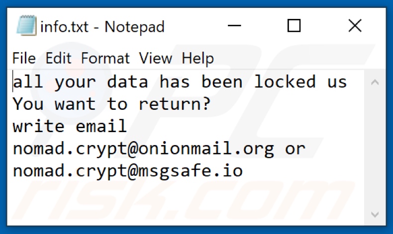 Nomad Ransomware Textdatei (info.txt)