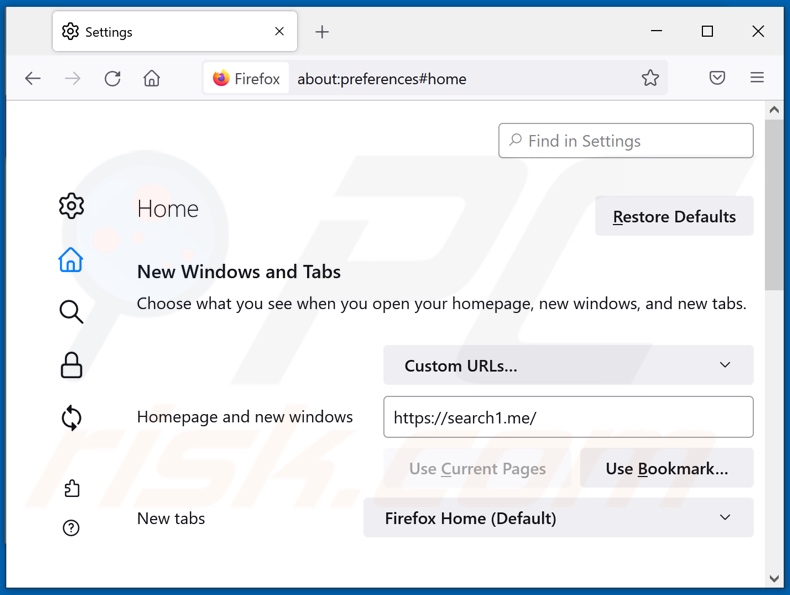 search1.me von der Mozilla Firefox Startseite entfernen