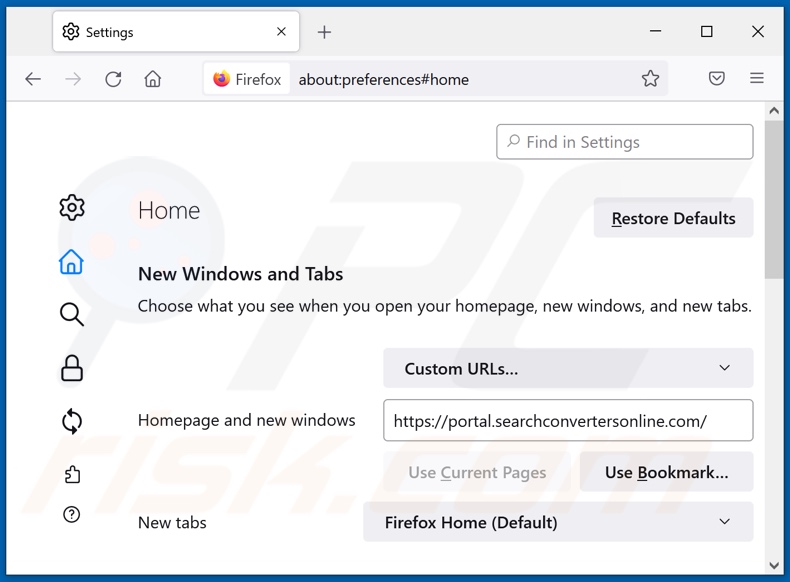 searchconvertersonline.com von der Mozilla Firefox Startseite entfernen