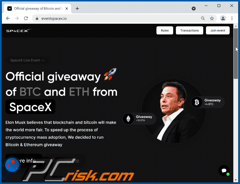 Aussehen des SpaceX BTC and ETH Giveaway Betrugs