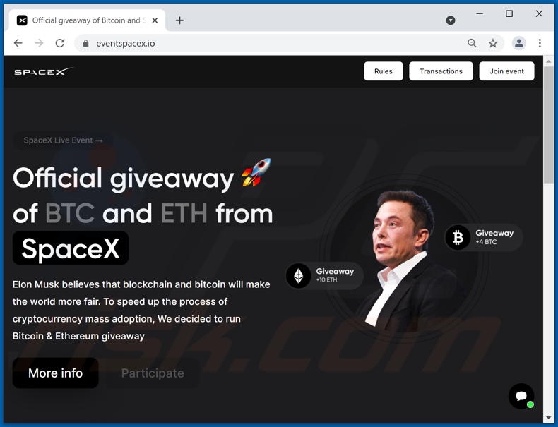 SpaceX BTC and ETH Giveaway Betrug