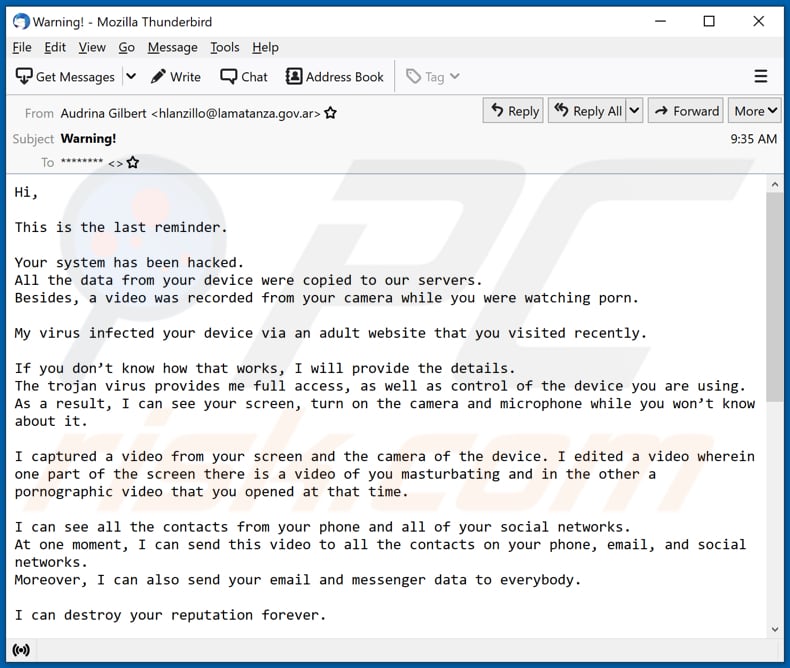 This is the last reminder email scam E-Mail Spam-Kampagne