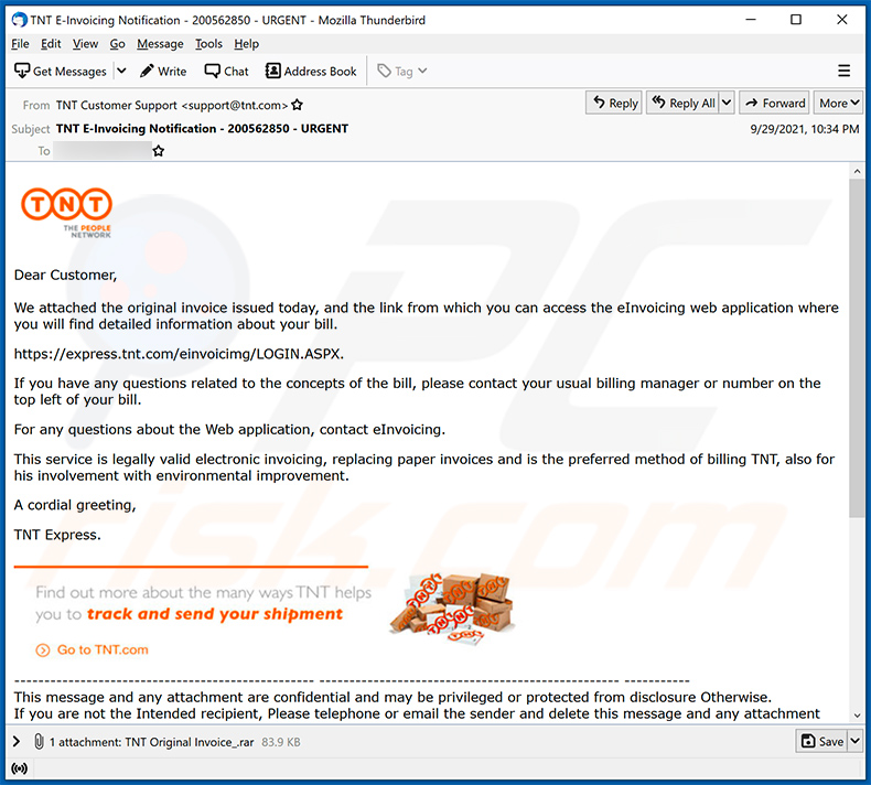 Spam-E-Mail mit dem Thema TNT verbreitet Agent Tesla