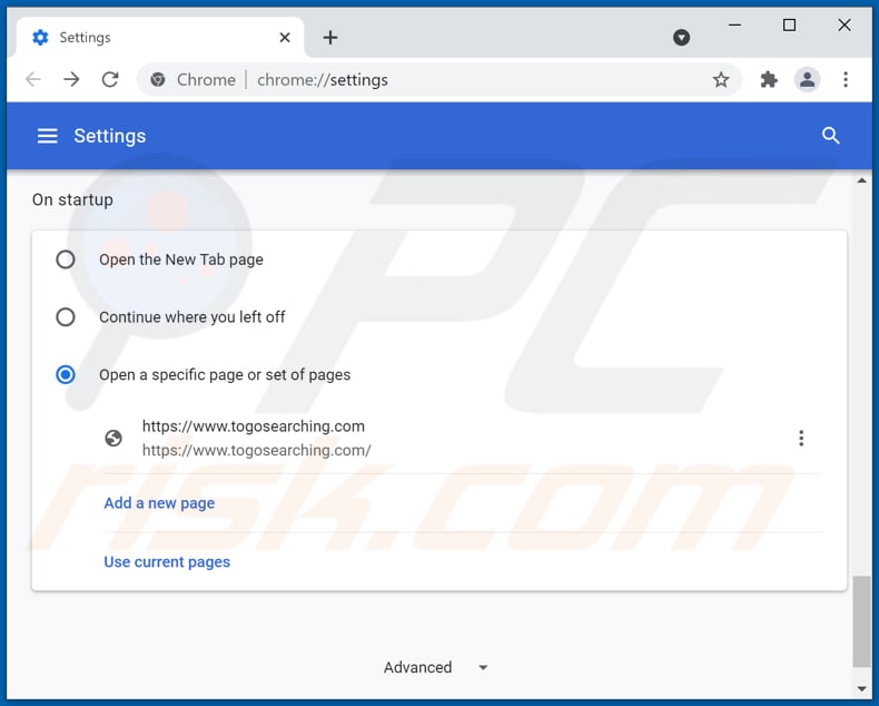 togosearching.com von der Google Chrome Startseite entfernen