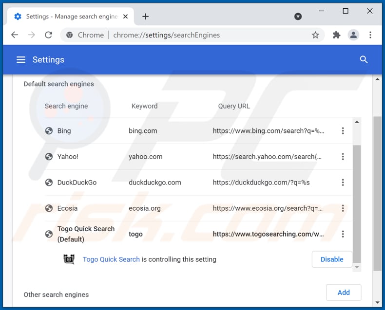 togosearching.com von der Google Chrome Standardsuchmaschine entfernen