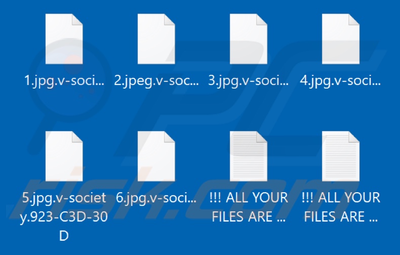 Von VICE SOCIETY Ransomware verschlüsselte Dateien (.v-society.[victim's_ID] Erweiterung)