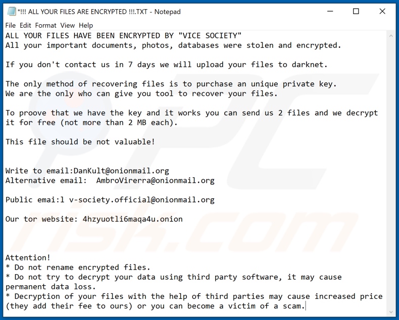 VICE SOCIETY Entschlüsselunganleitung (!!! ALL YOUR FILES ARE ENCRYPTED !!!.TXT)