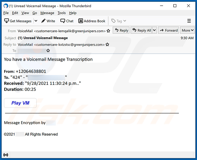 Voicemail-genannte Spam-E-Mail fördert eine Phishing Seite (2021-09-29)