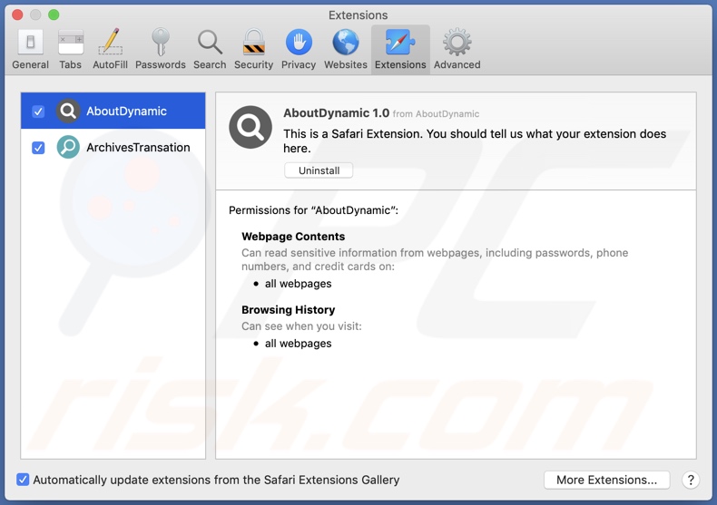 AboutDynamic Adware auf Safari installiert