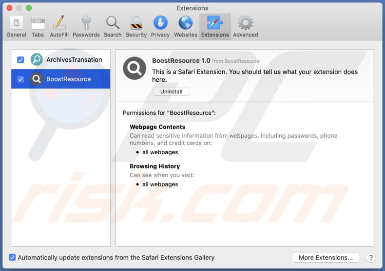 boostresource Adware auf Safari installiert