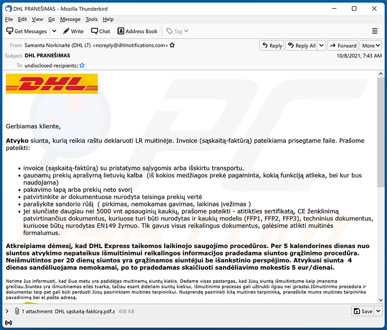 Litauische Variante einer Spam-E-Mail mit DHL Express-Thema