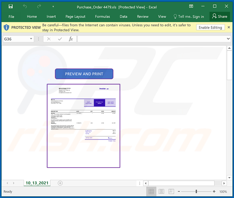 Bösartiges MS Excel-Dokument wird über Spam-E-Mails mit dem Thema Rechnung verbreitet (2021-10-14)