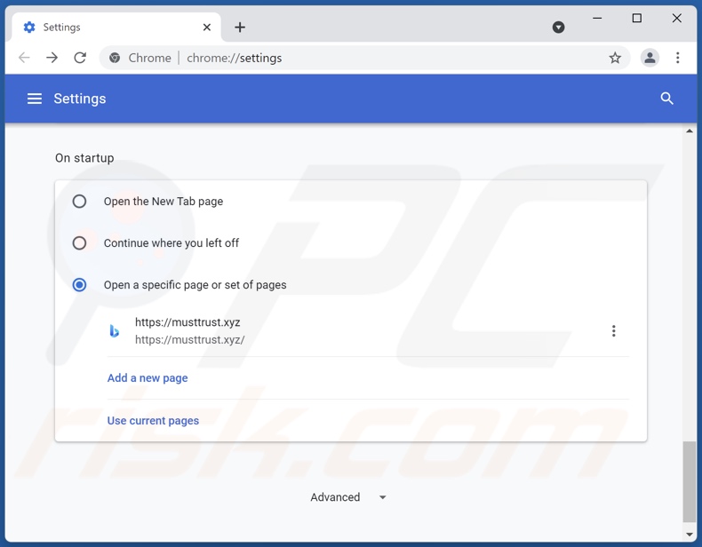 Removing musttrust[.]xyz from Google Chrome homepage