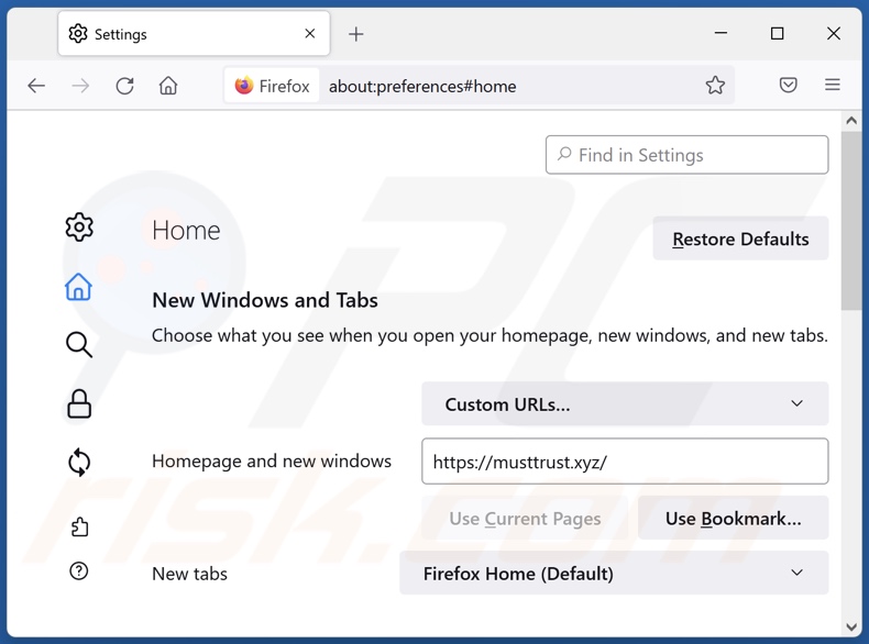 Removing musttrust[.]xyz from Mozilla Firefox homepage