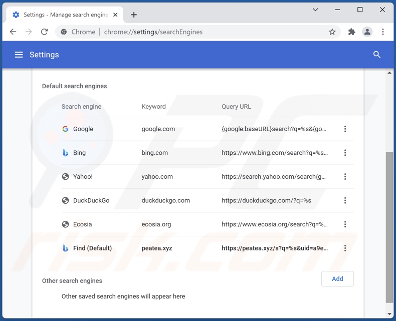 peatea[.]xyz von der Google Chrome Standardsuchmaschine entfernen