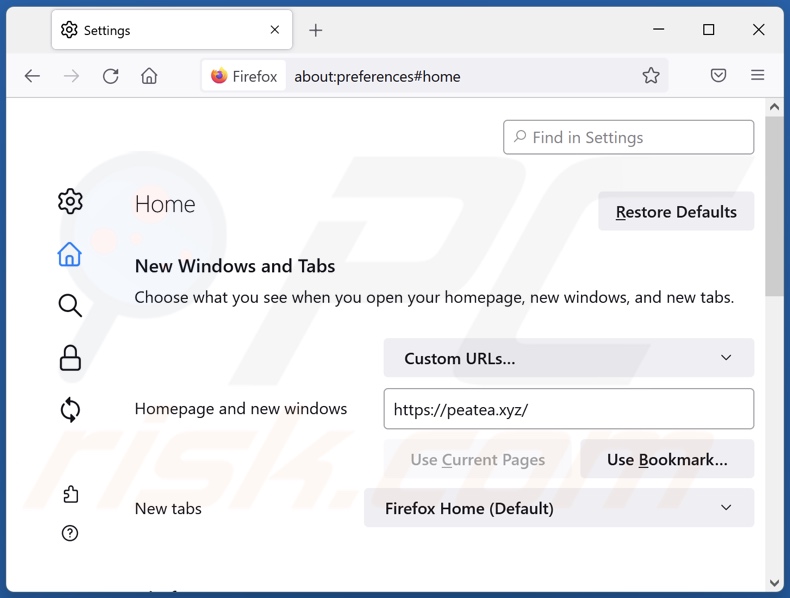 peatea[.]xyz von der Mozilla Firefox Startseite entfernen