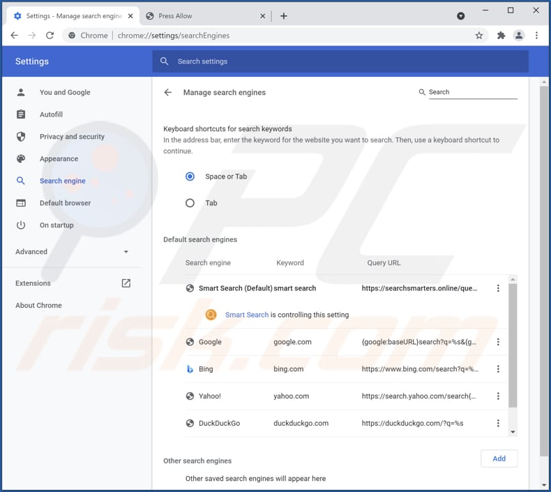 searchsmarters.online von der Google Chrome Standardsuchmaschine entfernen