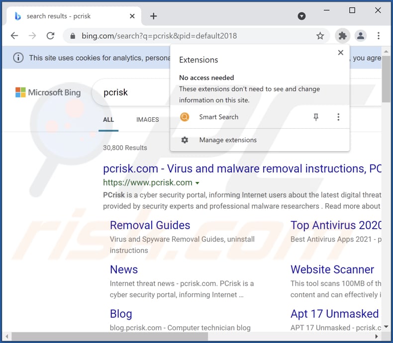 Die smart search Browserentführer-Erweiterung ist auf Chrome installiert