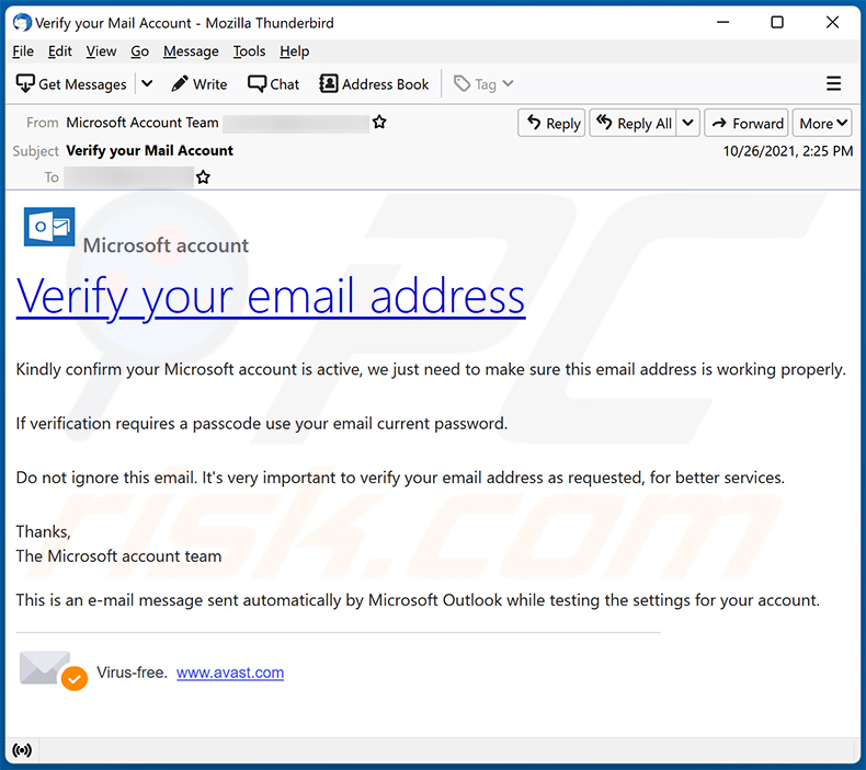 Verify Microsoft account Betrugs-E-Mail (2021-10-29)