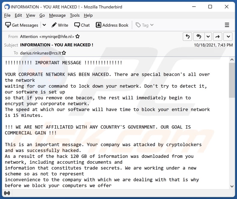 YOUR CORPORATE NETWORK HAS BEEN HACKED E-Mail-Betrug