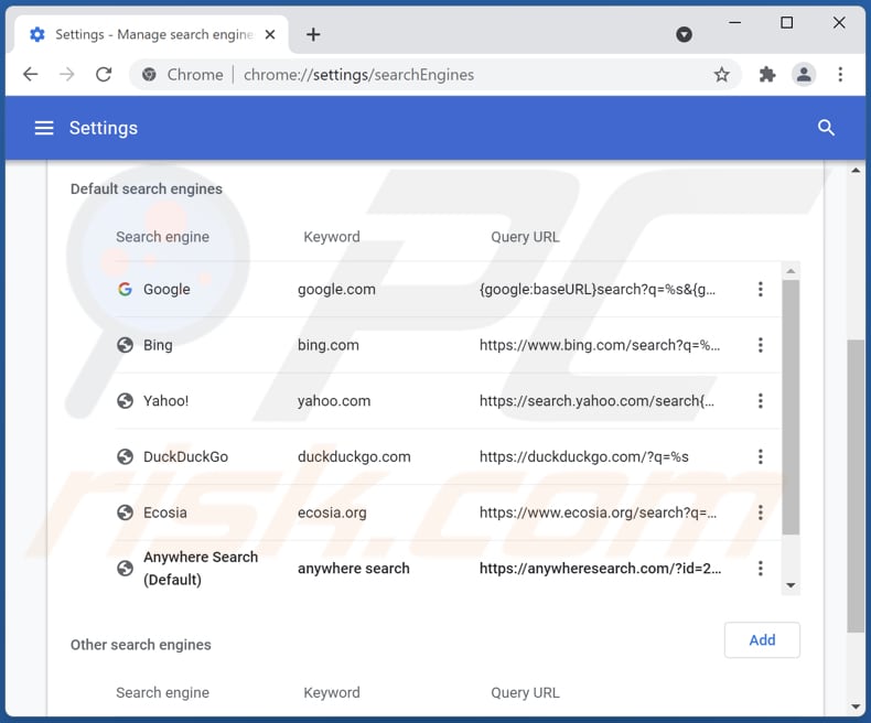 Removing anywheresearch.com from Google Chrome default search engine