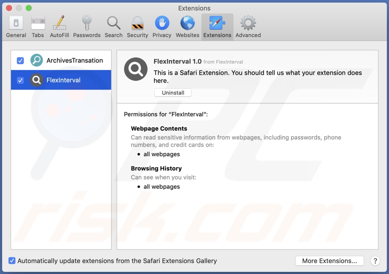 FlexInterval Adware auf Safari installiert