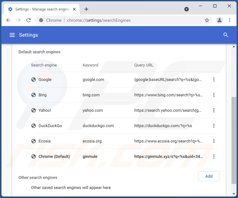 ginmule.xyz von der Google Chrome Standardsuchmaschine entfernen