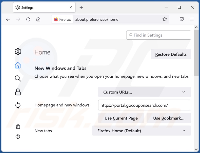 gocouponsearch.com von der Mozilla Firefox Startseite entfernen