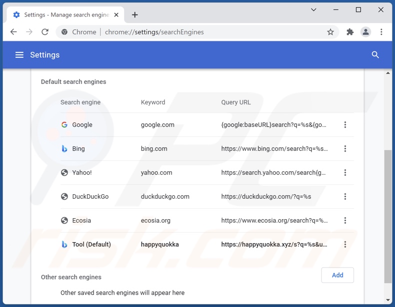 happyquokka.xyz von der Google Chrome Standardsuchmaschine entfernen