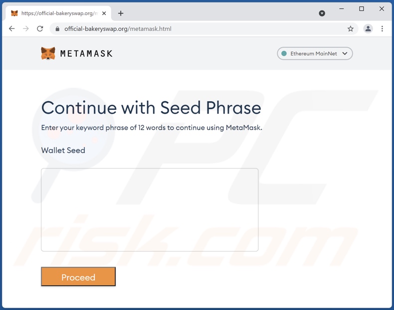 Vom MetaMask E-Mail-Betrug geförderte Phising Webseite