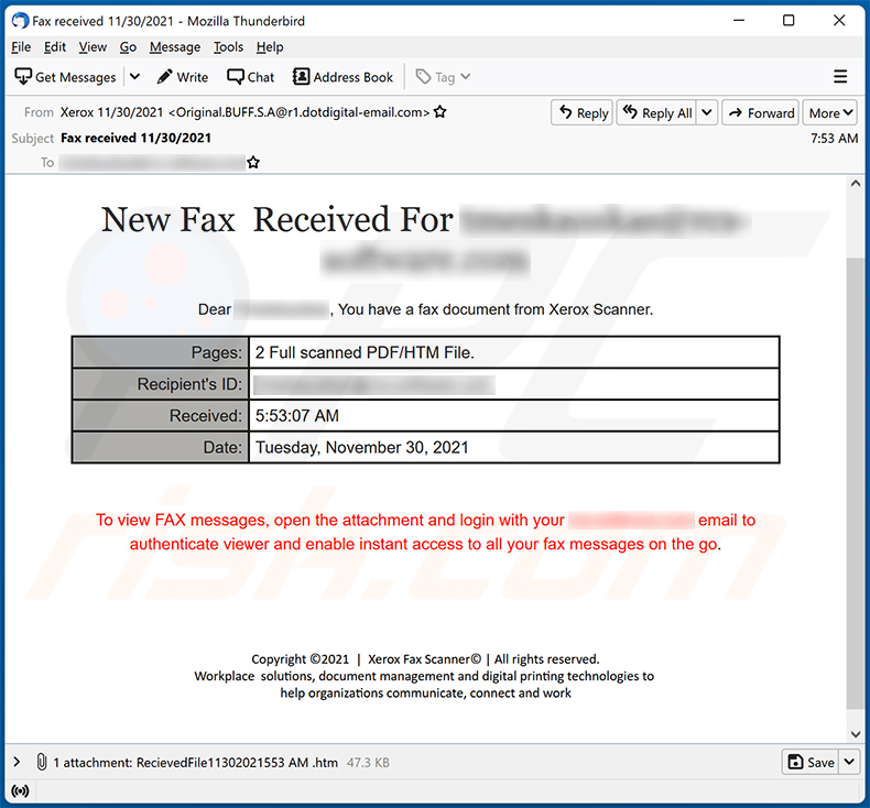Spam-E-Mail mit dem Thema New Fax Received (2021-11-30)