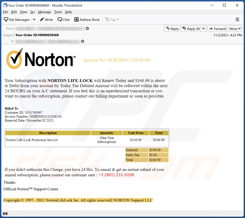 Norton Subscription will renew today E-Mail Spam-Kampagne