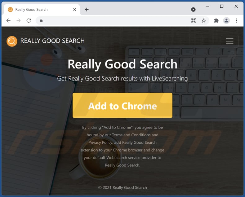 Webseite, die zur Förderung des Really Good Search Browserentführers verwendet wird