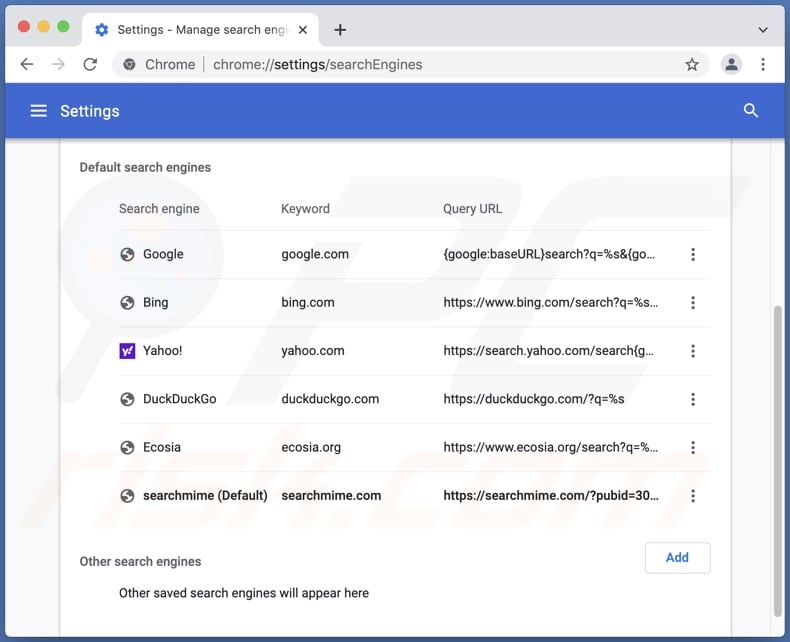 Der searchmime.com Browserentführer als Standardsuchmaschine auf Google Chrome eingestellt