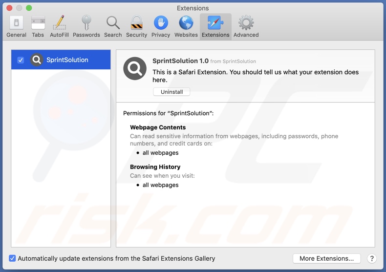 SprintSolution Adware in Safari installiert