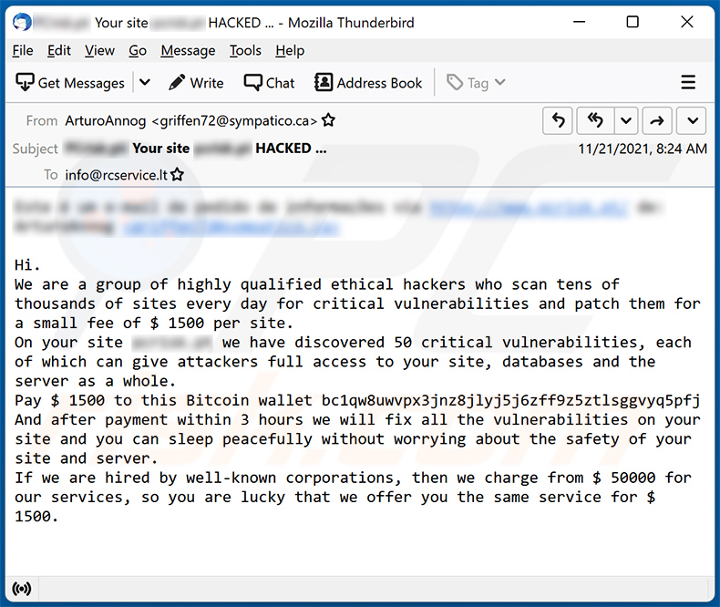 We Have Hacked Your Website Spam-E-Mail (2021-11-24)