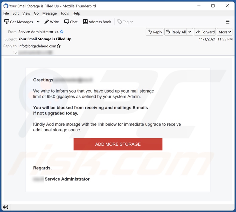 You have used up your mail storage E-Mail Spam-Kampagne