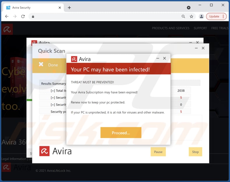 Avira - Ihr PC könnte infiziert sein Betrug