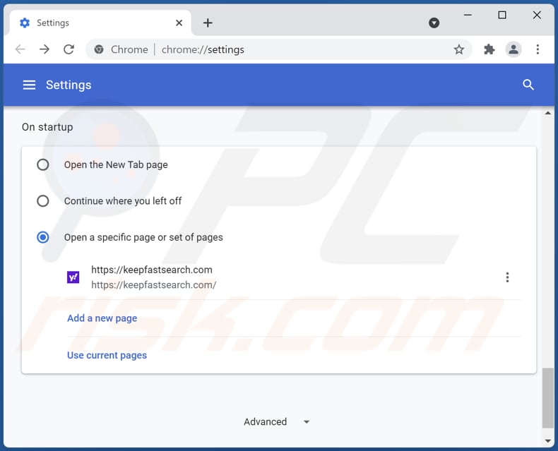 keepfastsearch.com von der Google Chrome Startseite entfernen