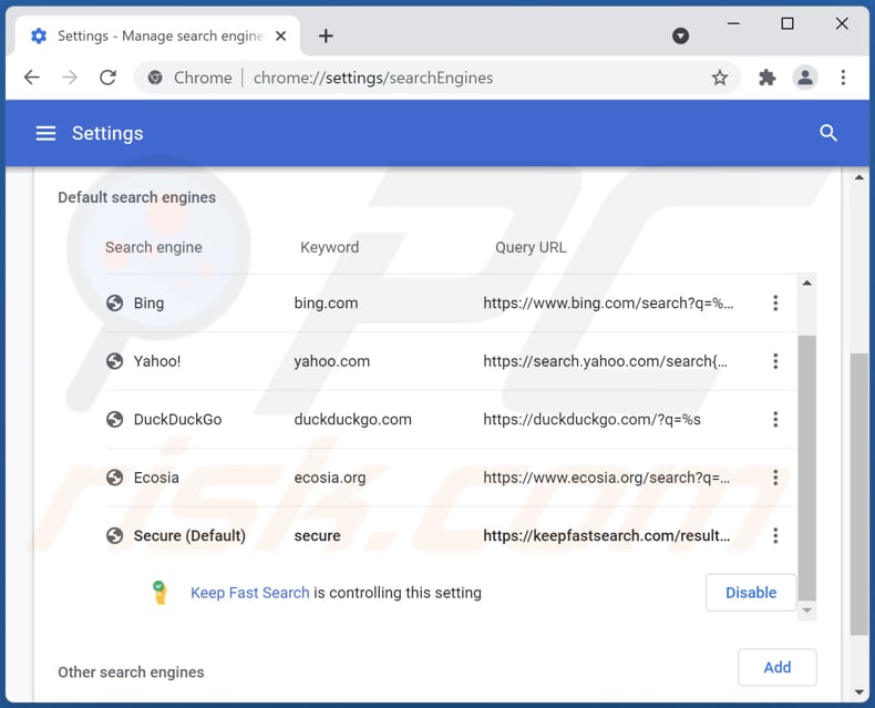 keepfastsearch.com von der Google Chrome Standardsuchmaschine entfernen