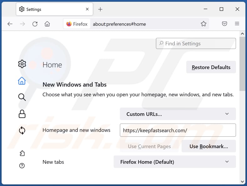 keepfastsearch.com von der Mozilla Firefox Startseite entfernen