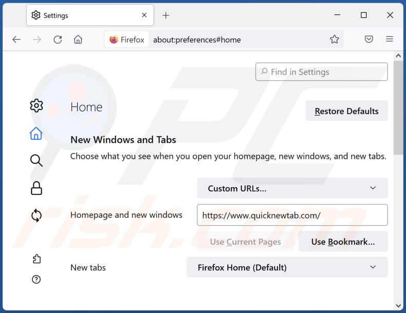 quicknewtab.com von der Mozilla Firefox Starstseite entfernen