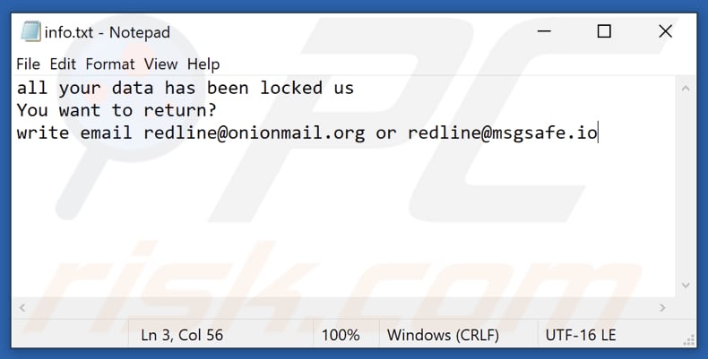 Textdatei der Red Ransomware Lösegeldmitteilung info.txt