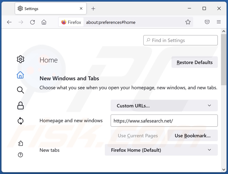 safesearch.net von der Mozilla Firefox Startseite entfernen