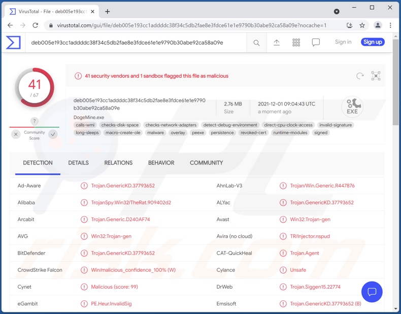 SpyAgent Malware Erkennungen auf VirusTotal